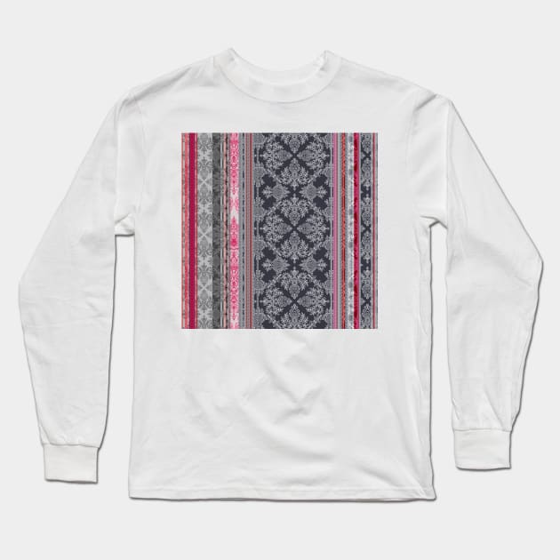 Burgundy, Pink, Navy & Grey Vintage Bohemian Wallpaper Long Sleeve T-Shirt by micklyn